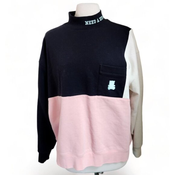Teddy Fresh Sweatshirt Unisex M Need A‎ Hug Color Block Mock Neck Black Pink - Picture 1 of 16